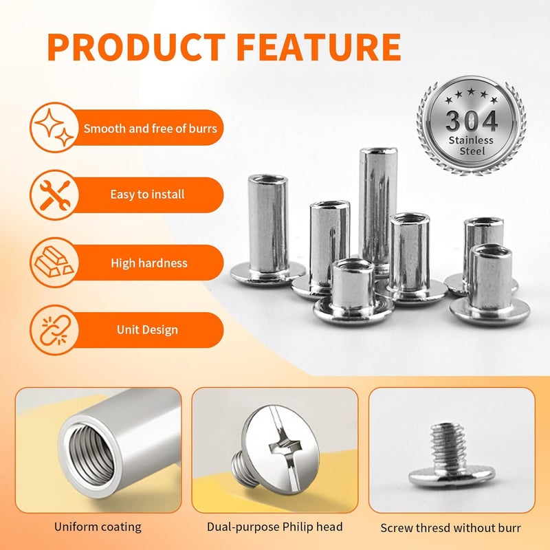 ALLOYPRO 135 Sets 304 Stainless Steel Chicago Screws Leather Rivets Kit, 9 Sizes (M5*4,5,6,7,8,9,10,12,15) & 3 Screw Lengths (M4*3,4,5) Chicago Binding Screws, for Leather Craft, Bookbinding - Image 4